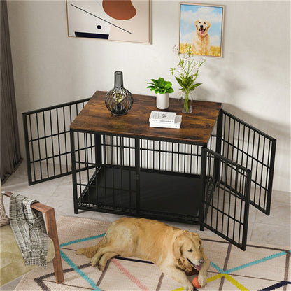 Caixa de Madeira Grande para Cães, Estilo Móvel Interno, Gaiola Elevada para Cães de Estimação, Canil, Mesa de Apoio, Cercado com Treliça, 3 Portas, Bandeja Removível