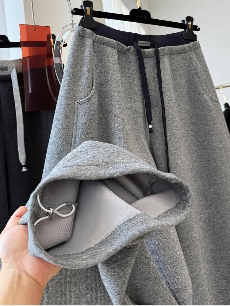 Patchwork Drawstring High Waist Wide Leg Pants for Women Spring and Autumn  Curved Hem Trousers