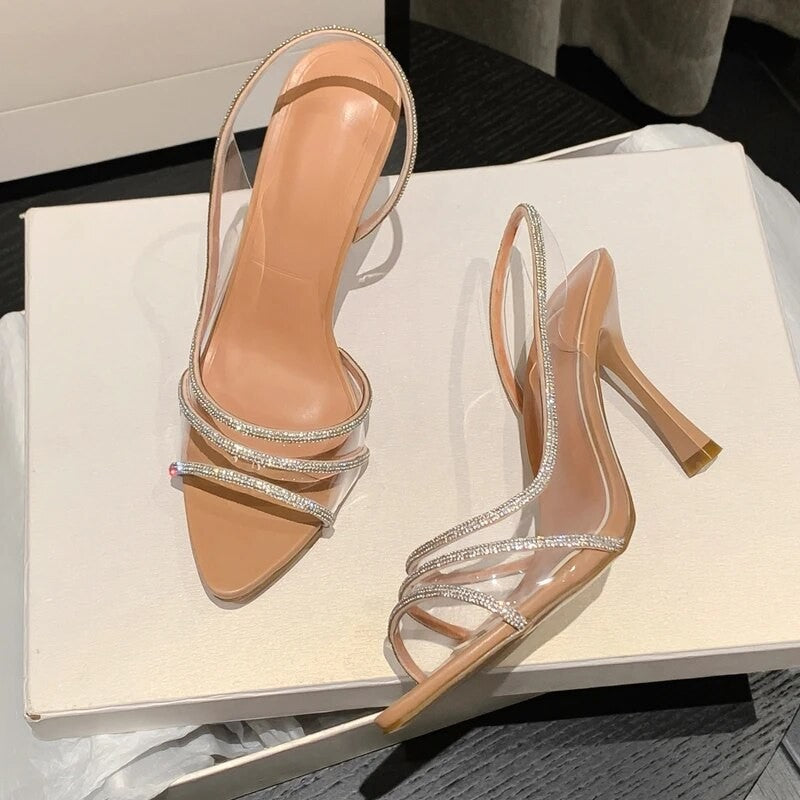 Sapatos de Salto Femininos com Strass e Tira Traseira para o Verão, Sandálias Transparentes de Salto Alto para Escritório, Bico Fino Elegante, Salto Alto Sexy Feminino