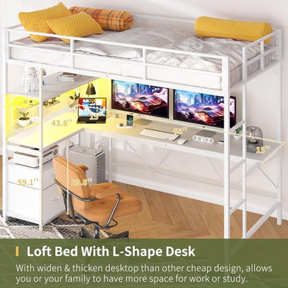 Yoobure Loft Bed Twin Size with L-Shaped Desk, LED Lights Charging Station LED Metal Twin Loft Bed Frame with 2 Storage Drawers