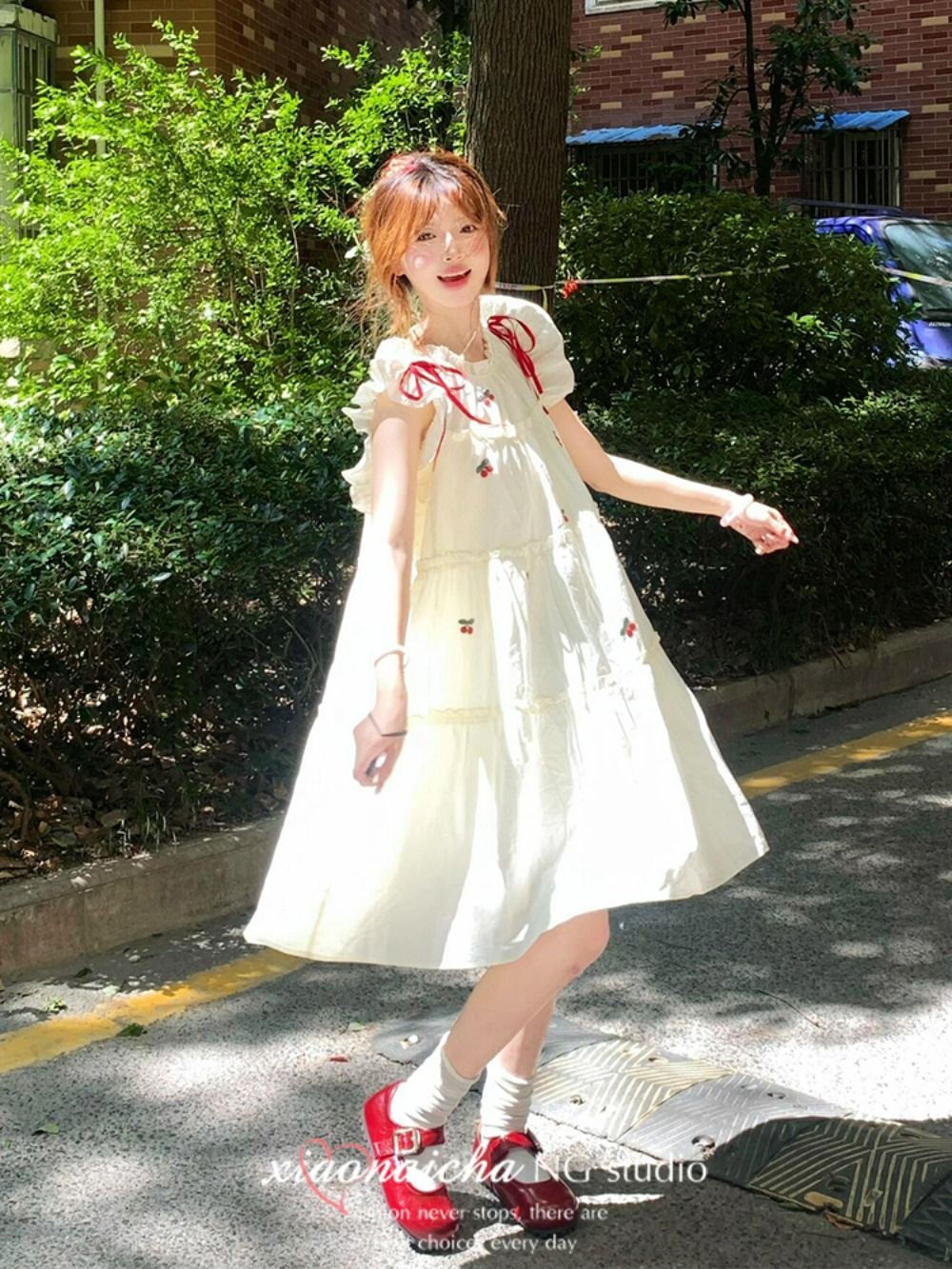 Snow White Babydoll Dress Flutter Sleeve Cherry Embroidery Women Summer Lolita Fashion Sweetheart Aesthetic Petite Fit
