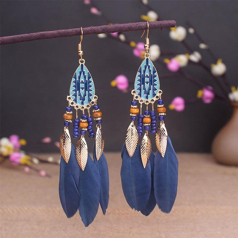 Brincos femininos longos de pena estilo boho, praia, com borla longa, miçangas, flores artesanais esmaltadas, para noiva, casamento, Pendientes Mujer