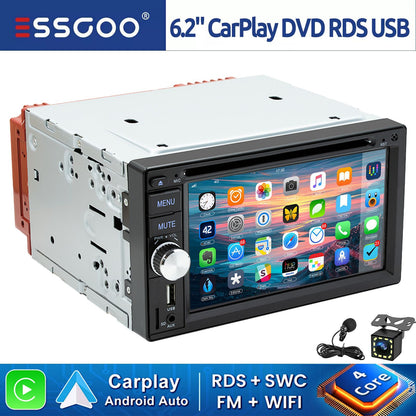 ESSGOO Universal Double 2 Din 6.2" Car Stereo Radio CD DVD Multimedia Video MP5 Player Wireless Carplay & Android Auto USB BT
