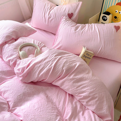 Korean Solid Color Bedding Set Adults Kids Twin Full Queen Size Soft Bed Flat Sheet Duvet Cover Set Pillowcases Simple Bed Linen