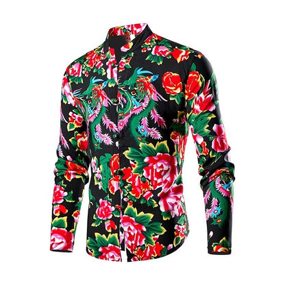Chinese Style Men's Stand-up Collar Long-sleeved Shirt, Single-breasted Printed Shirts, Fashion Casual Camisas, Red Green Blue