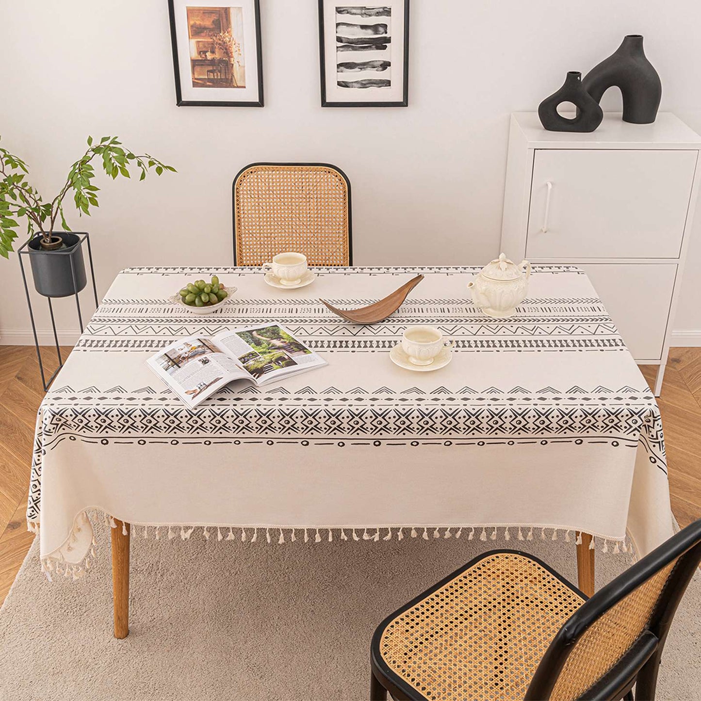 Vintage Boho Tassel Table Cloth Waterproof Cotton Linen Bohemian Tablecloth Patio Outdoor Wrinkle Free Table Protector Covers