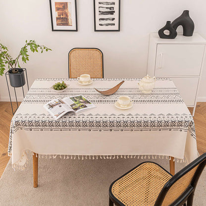 Vintage Boho Tassel Table Cloth Waterproof Cotton Linen Bohemian Tablecloth Patio Outdoor Wrinkle Free Table Protector Covers