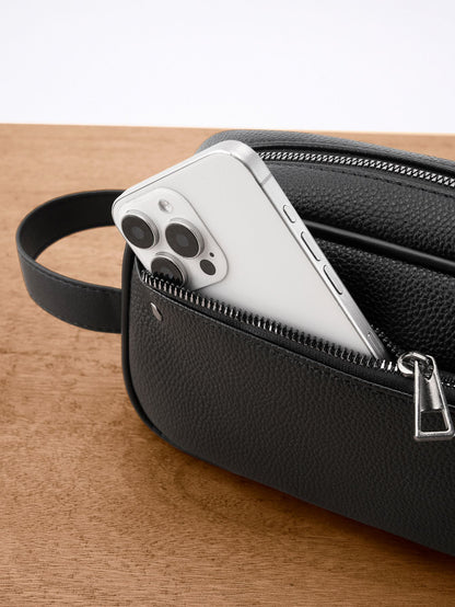 ??Men's Textured PU Leather Organizer Bag - Dual Zipper Hand Carry w/ Detachable Strap, Fits Phone & Essentials