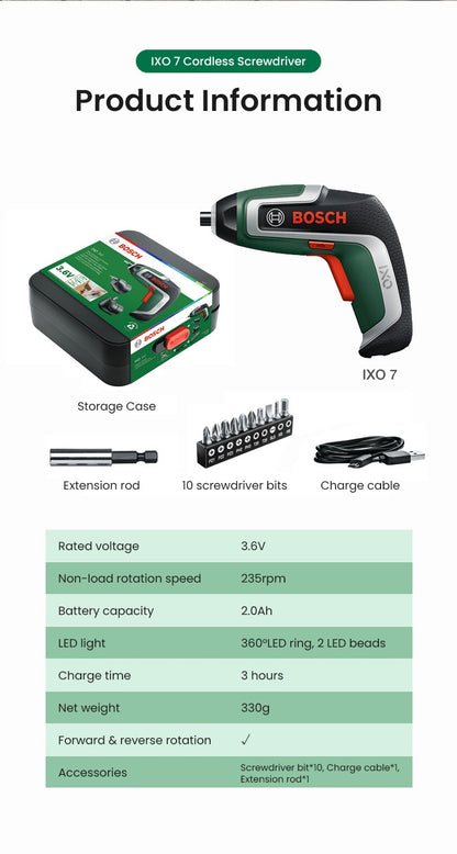 Parafusadeira sem fio Bosch IXO 3.6V Recarregável USB Multifuncional Mini Furadeira Elétrica Chave de Fenda Portátil Ferramenta Elétrica Ixo 7/6