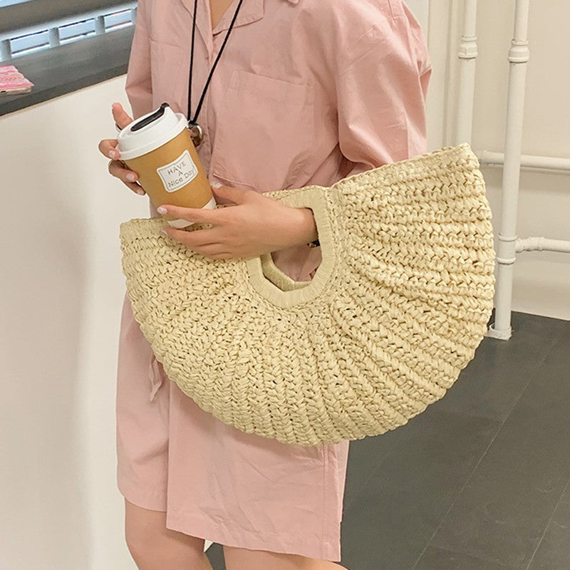 Summer Straw Women Half-moon Beach Handbag Rattan Handmade Handle Fashion Kintted Tote Bag