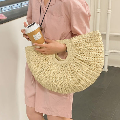 Summer Straw Women Half-moon Beach Handbag Rattan Handmade Handle Fashion Kintted Tote Bag
