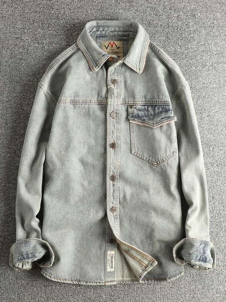 Autumn New American Retro Heavyweight Single Pocket Denim Cargo Shirt Men's Simple 100% Cotton Washed Casual Blouses Thin Jacket
