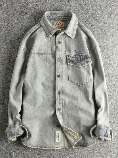 Autumn New American Retro Heavyweight Single Pocket Denim Cargo Shirt Men's Simple 100% Cotton Washed Casual Blouses Thin Jacket
