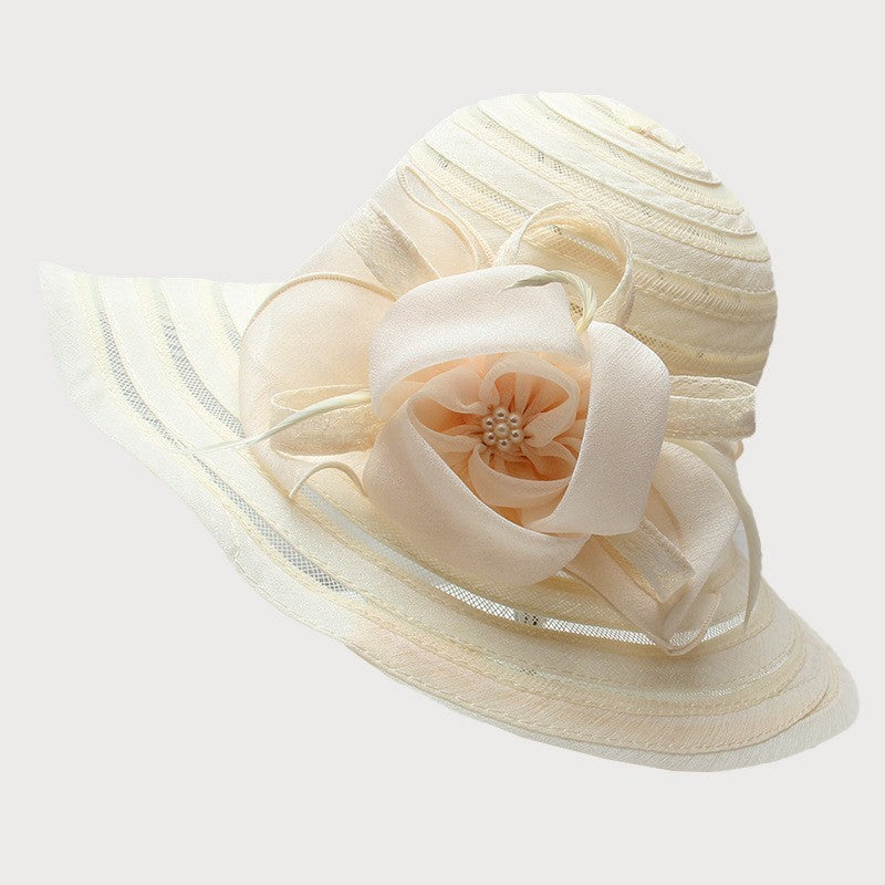 Novo Chapéu Feminino De Verão Em Organza Com Aba Larga E Flor Grande Fedora Elegante Para Casamento Igreja Festa