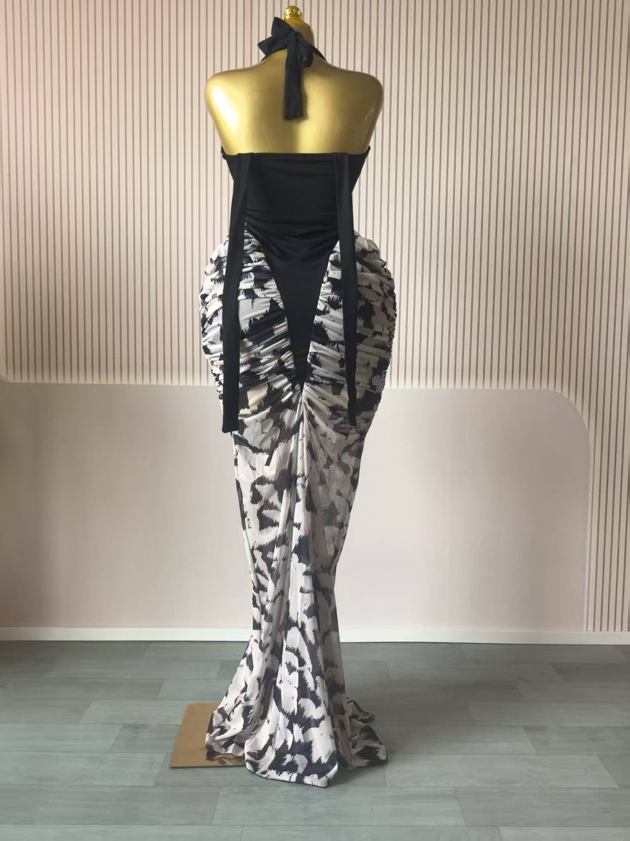 CM.YAYA Women Print Patchwork Stacked Ruched Long Sleeve Bodycon Midi Maxi Long
