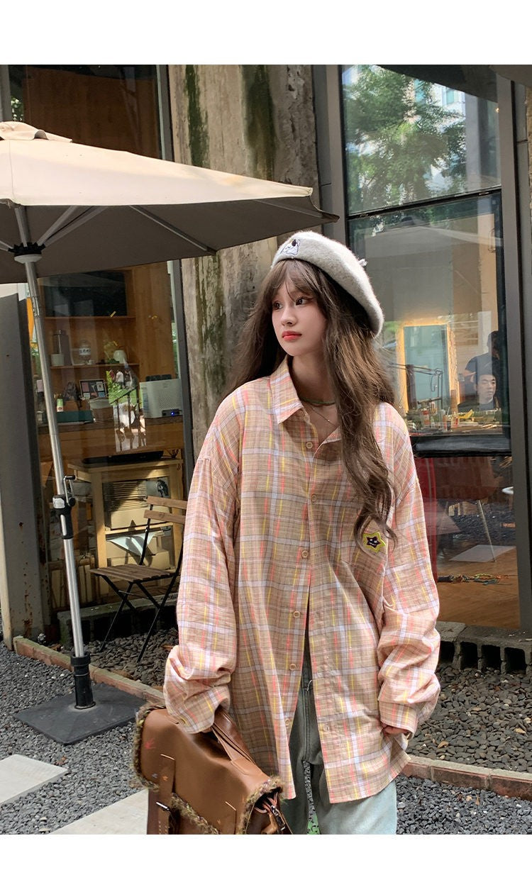 Ice Blue Plaid Long Sleeve Shirt Unisex Premium Cleanfit Denim Fabric V-neck Open Cardigan Style Holiday Vibes Short Length