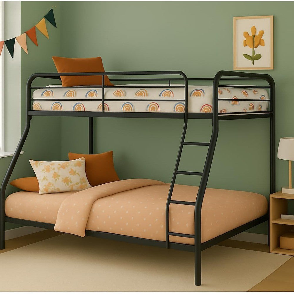 Twin Over Full Metal Bunk Bed with Safety Guardrails, 800 lbs Capacity, Angled Ladder, Underbed Storage, Black, Moder