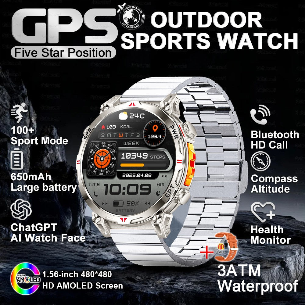 2025 Novo Relógio Inteligente Militar GPS para Exteriores Masculino 650mAh Bússola Altímetro 10ATM à Prova D'água Frequência Cardíaca Chamada Esportiva Smartwatch