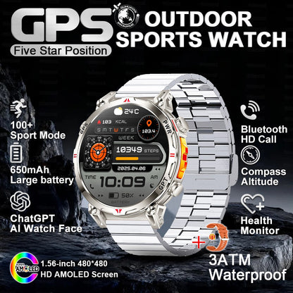 2025 Novo Relógio Inteligente Militar GPS para Exteriores Masculino 650mAh Bússola Altímetro 10ATM à Prova D'água Frequência Cardíaca Chamada Esportiva Smartwatch