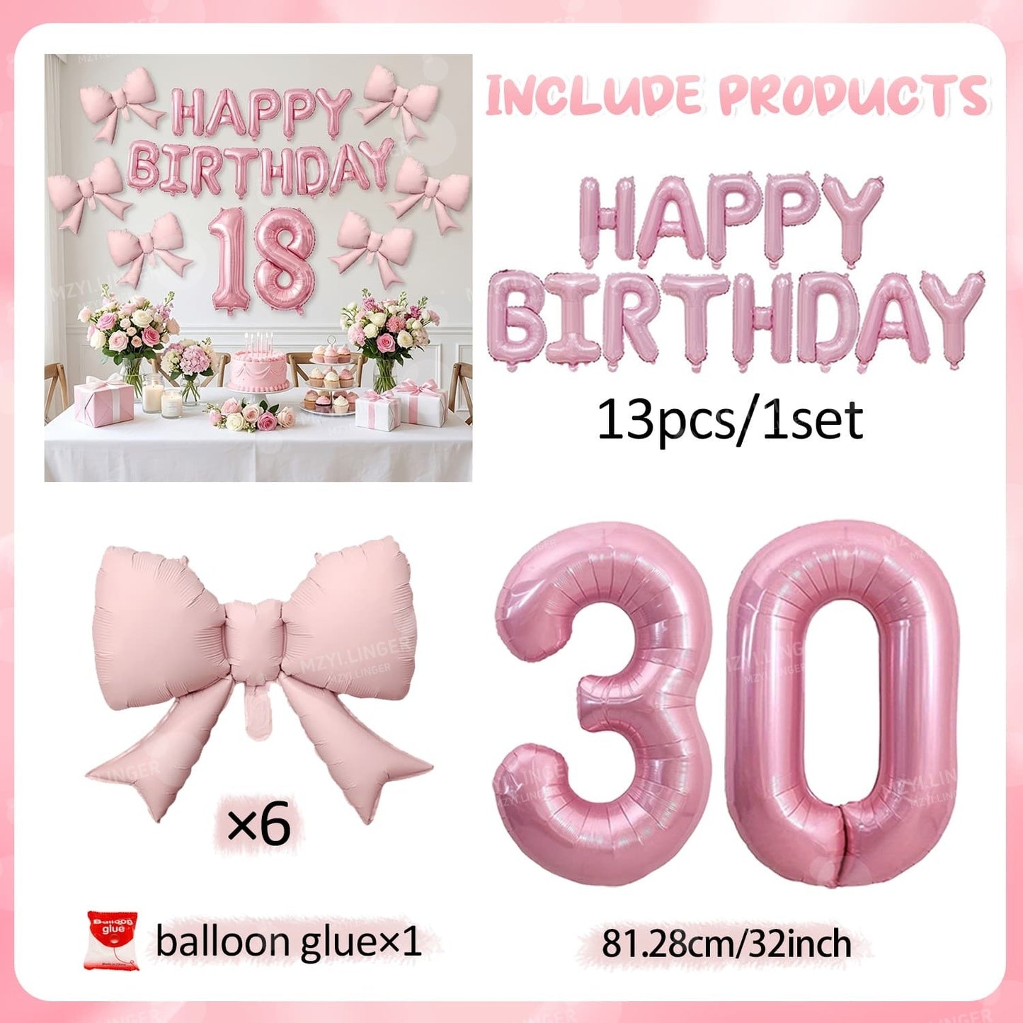 Pink Bow Birthday Balloon Happy Birthday Letter Balloon Used for Wedding, Valentine's Day, Birthday, Proposal Decoration Decor
