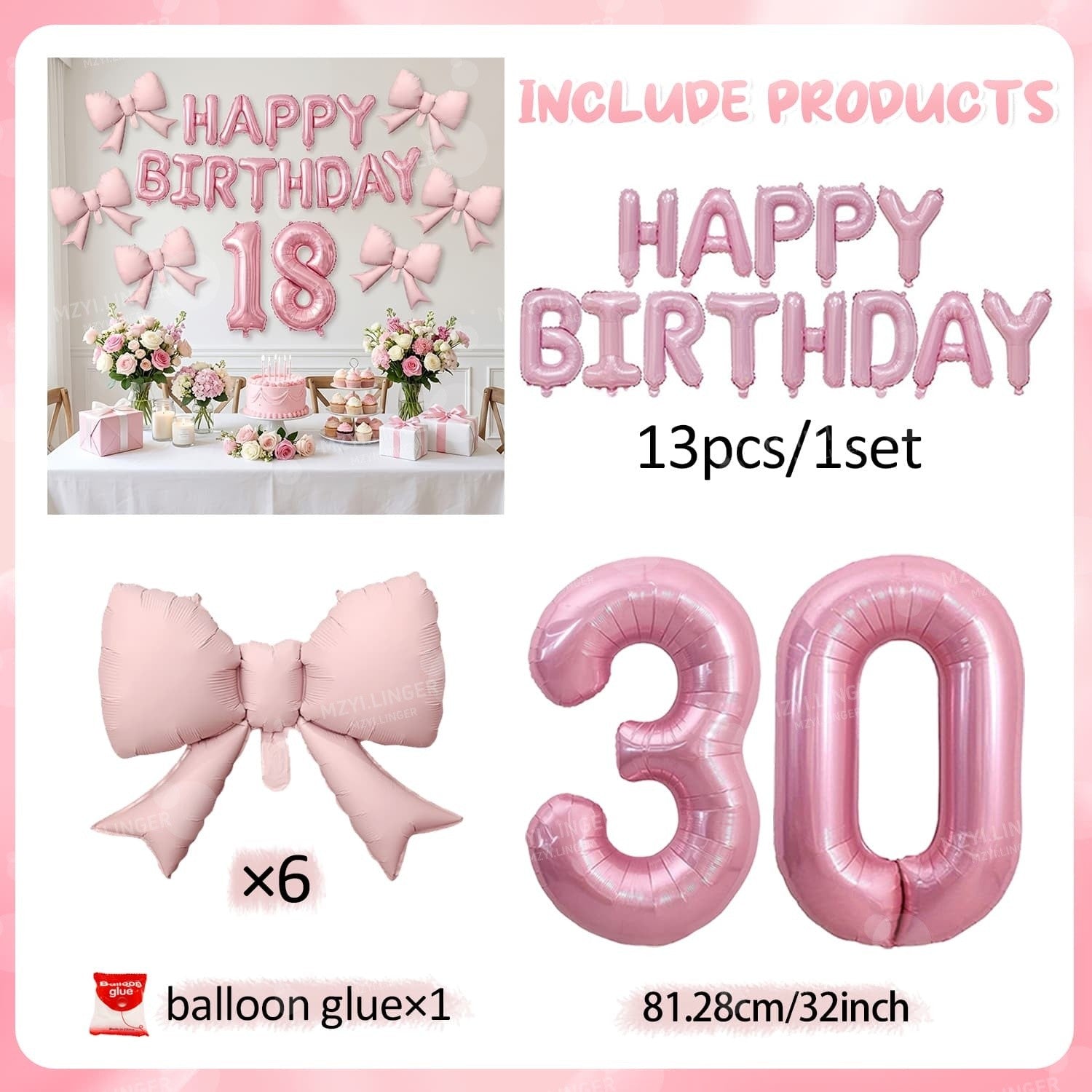 Pink Bow Birthday Balloon Happy Birthday Letter Balloon Used for Wedding, Valentine's Day, Birthday, Proposal Decoration Decor