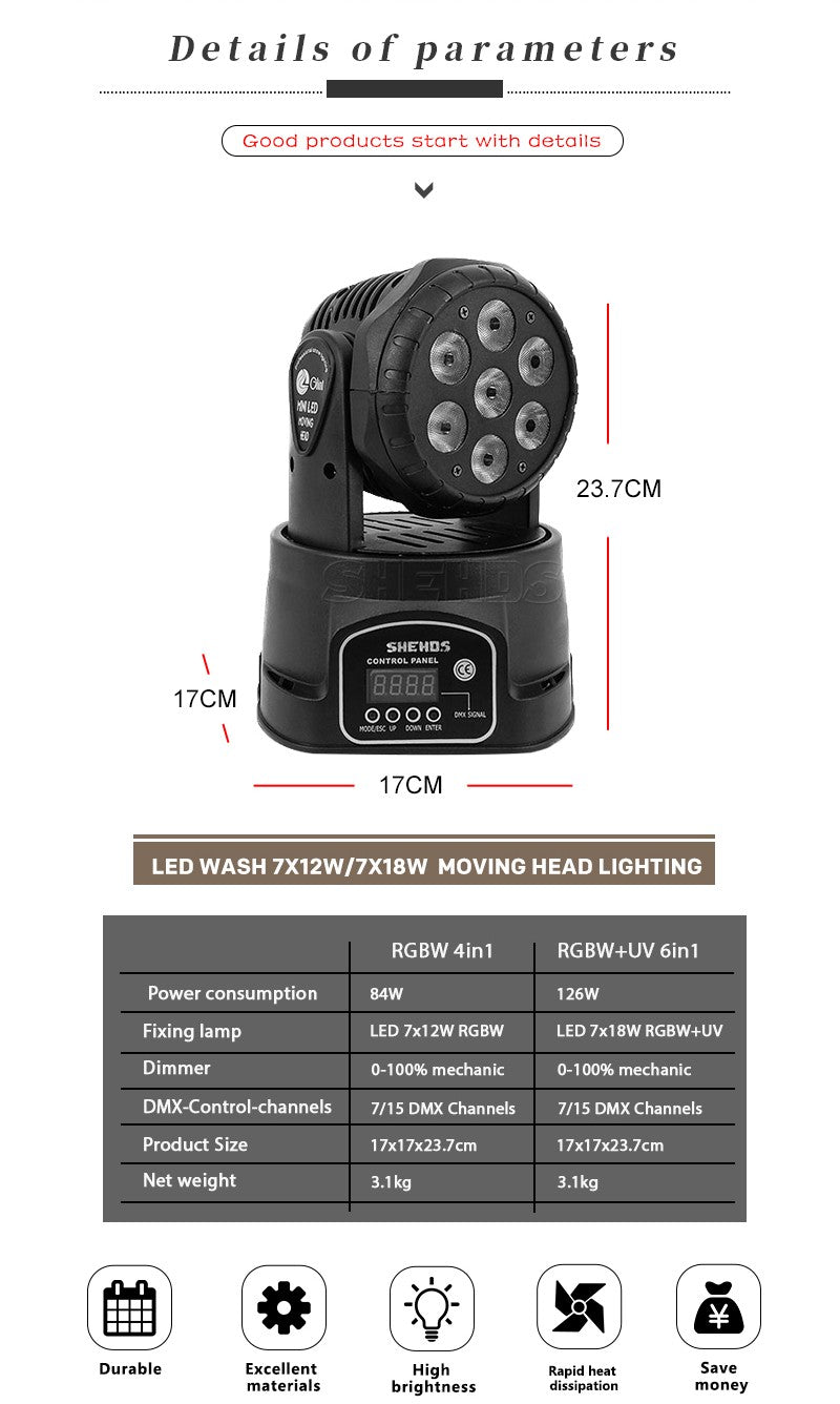 SHEHDS 1pcs LED 7x12W  Par Light 7x18W RGBWA+UV Moving Head Light Wash DMX 512  DJ Dicso Nightclub Party Christmas Audience