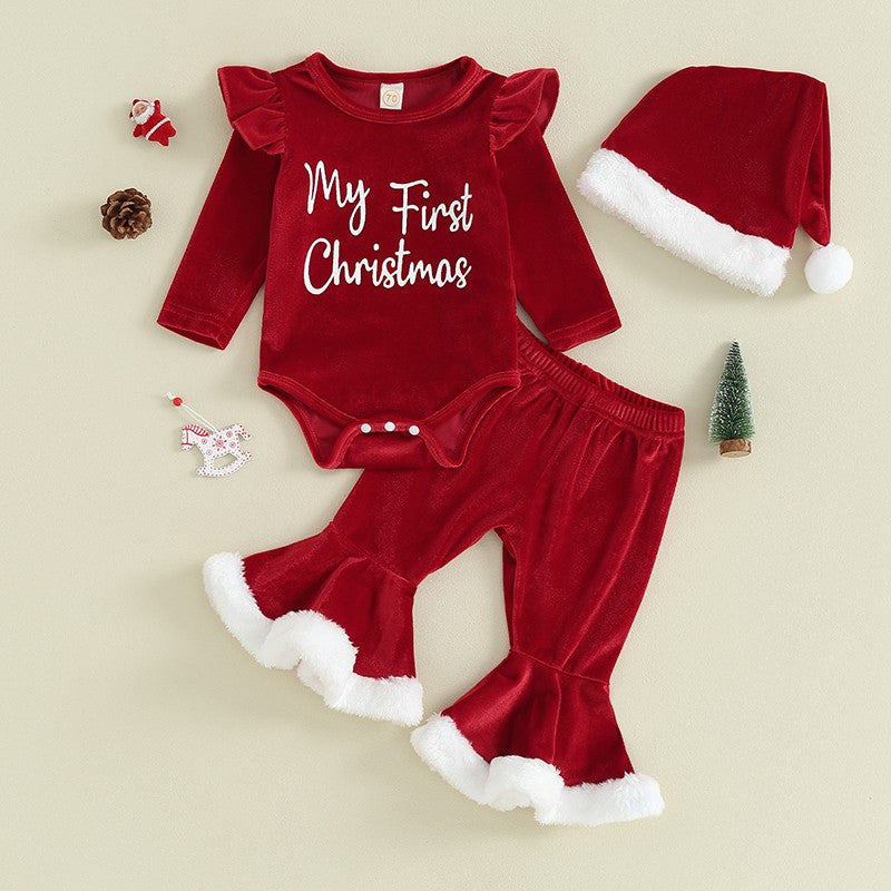 Infant Baby Girl Christmas Jumpsuit Outfits Letter Print Long Sleeve Romper Flare Pants Hat Toddler Clothes 0-18M