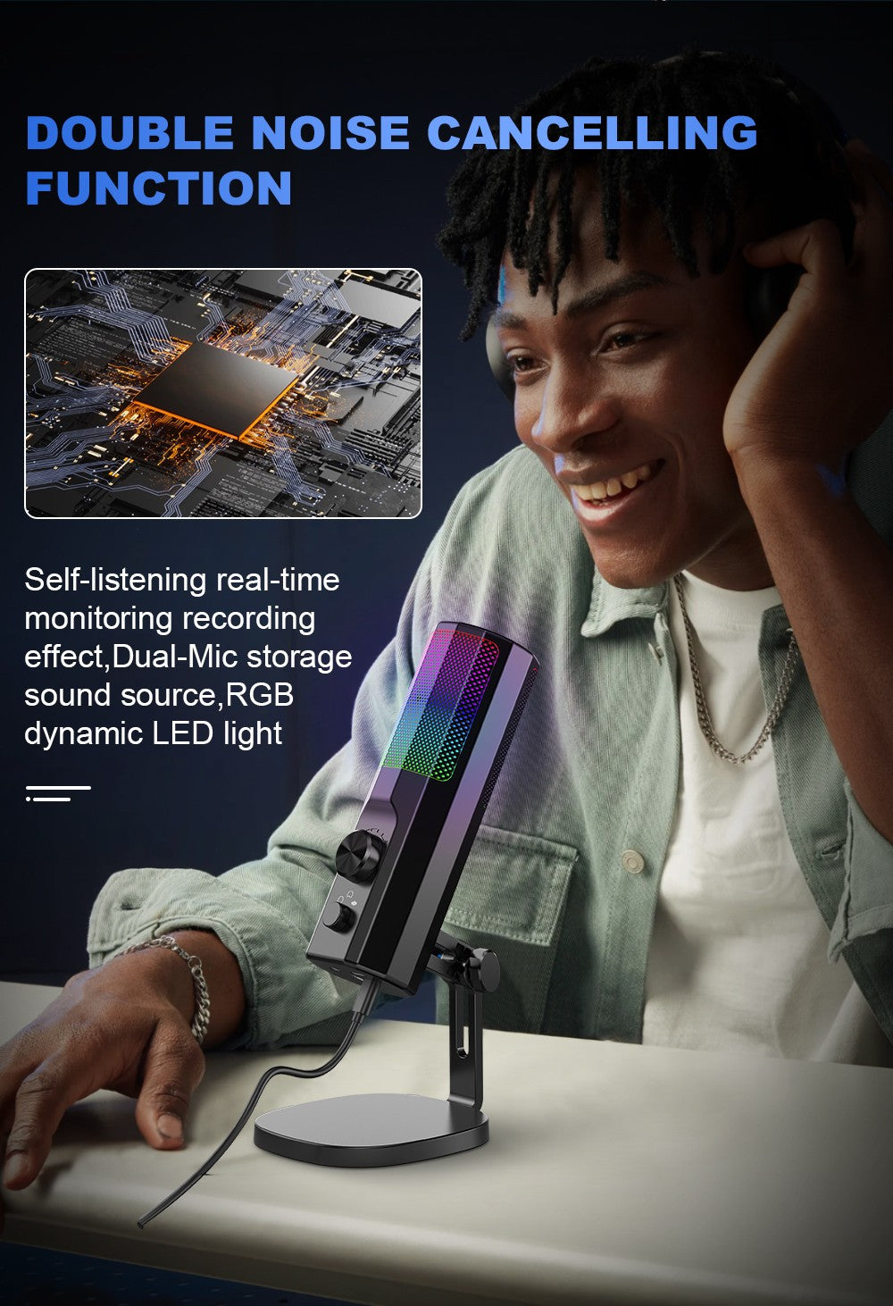 Microfone Condensador 3,5 mm com Cancelamento de Ruído ENC, Iluminação LED RGB, Compatível com PC/PS4/PS5/Mac/Android, Ideal para Stream