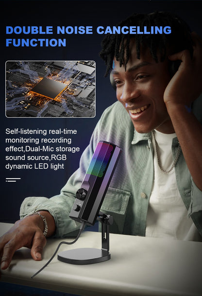 Microfone Condensador 3,5 mm com Cancelamento de Ruído ENC, Iluminação LED RGB, Compatível com PC/PS4/PS5/Mac/Android, Ideal para Stream