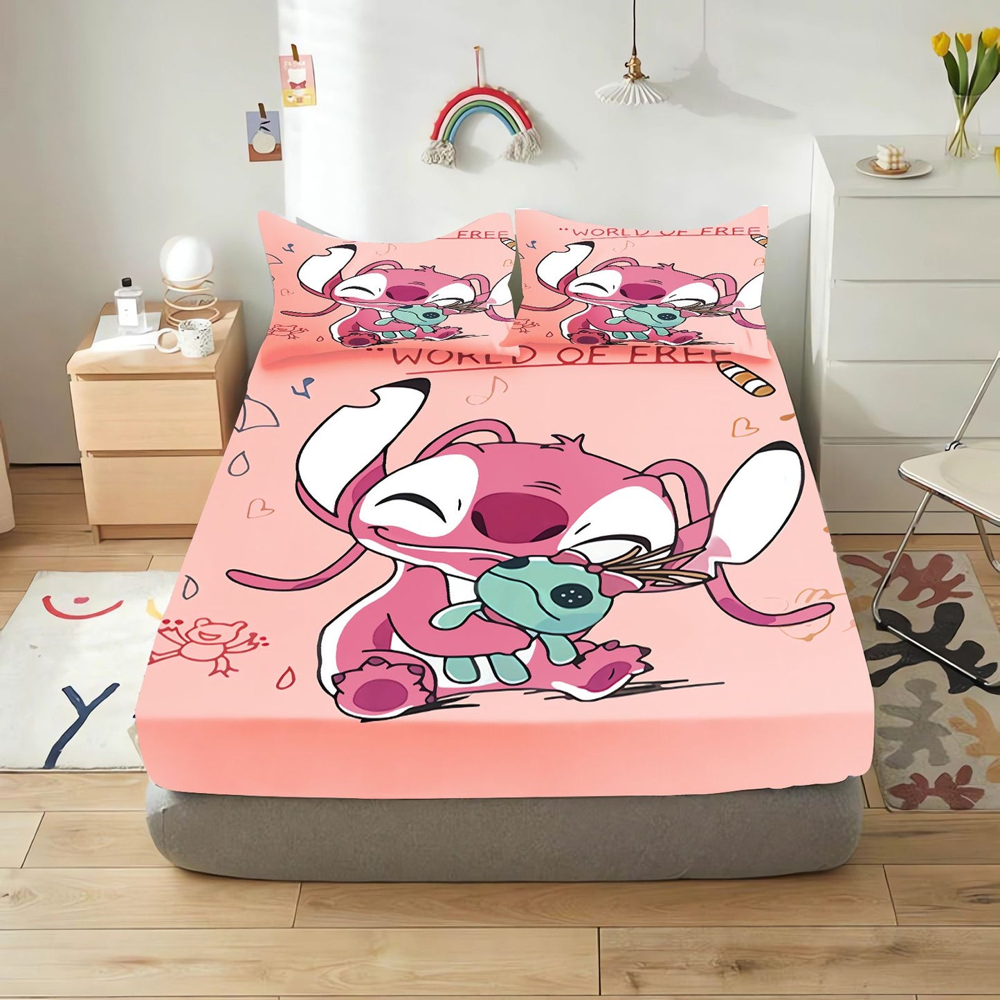 Lilo & Stitch Cartoon Fitted Sheet Home Cover for Teenager Elastic Bedding Cute Digital Printing Sheets Bedding Children