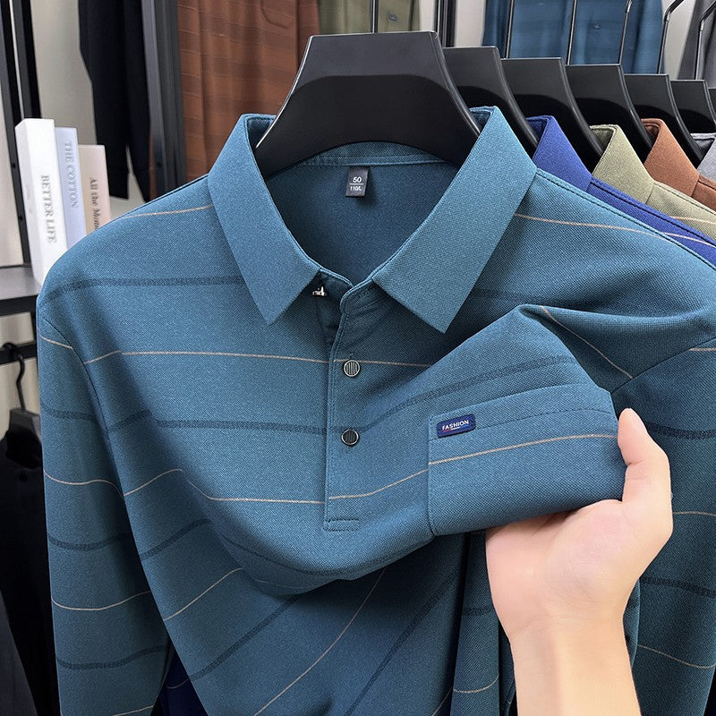 2025 long sleeved men's spring and autumn collar striped pullover top with loose pockets polo shirt