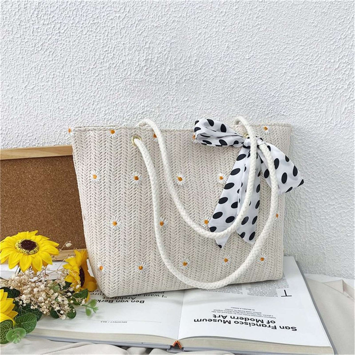 New Fashion Straw Shoulder Bags Fashion Large-Capacity Silk Scarf Tote Bag Beach Bag Women Shopping