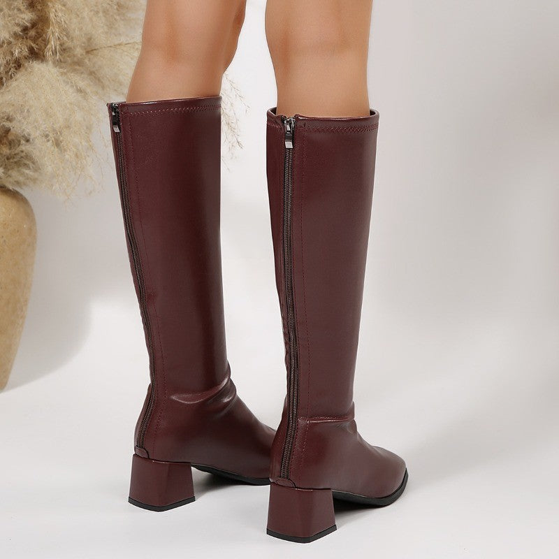 Winter Women Knee High Boots Cosy Soft Leather Thick Heel Shoes Female Vintage Slim Long Booties Zapatos De Muje