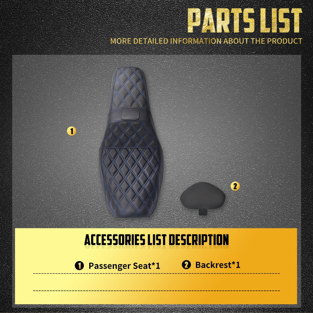 Assento de motocicleta para motorista e passageiro com encosto, almofadas de couro, assento de piloto para Harley Dyna Low Rider Fat Bob FLD 06-2017