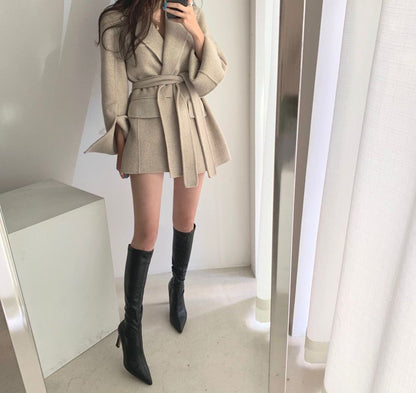Retro Chic Autumn Winter Woolen Coat One Button Long Sve Suit Collar Waist Cinched Side Slit Warm Knitwear for Women