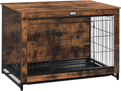 Large Dog Crate Furniture, Wooden Kennel with Pull-Out Tray, Rustic Brown, 38.6' for Medium/Small Dogs