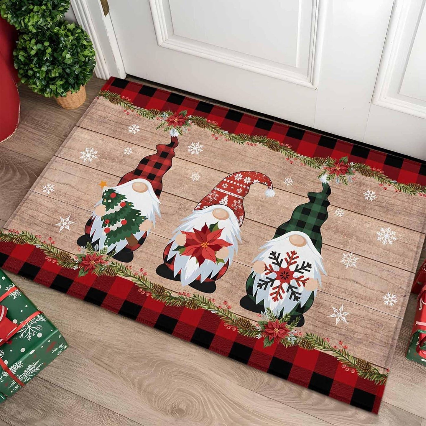 VIKAMA Christmas Gnome Doormat Winter Dwarf Front Door Mat Non-Slip Washable Entryway Rug Holiday Home Decor
