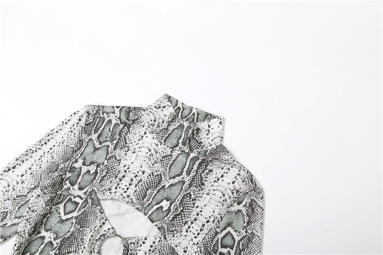 Weird Puss Sexy Snakeskin Maxi Dress Women Chest Hollow Metal Ring Turtleneck Peach Hip Hipster Street Stretch Skinny Bodycon