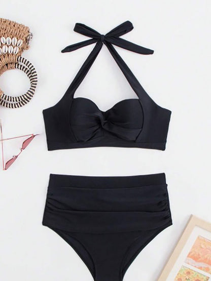 2025 European and American fashion hot selling hard bag gathered women's bikini solid color set, suitable for vacation, festival