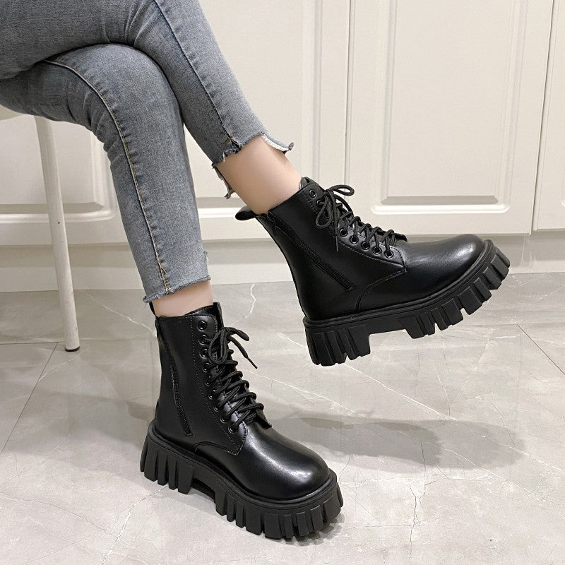 2024 New Autumn and Winter Comfortable Mid-calf Women's Shoes Thick-soled Lace-up Side Zipper Women's Boots Large Size
