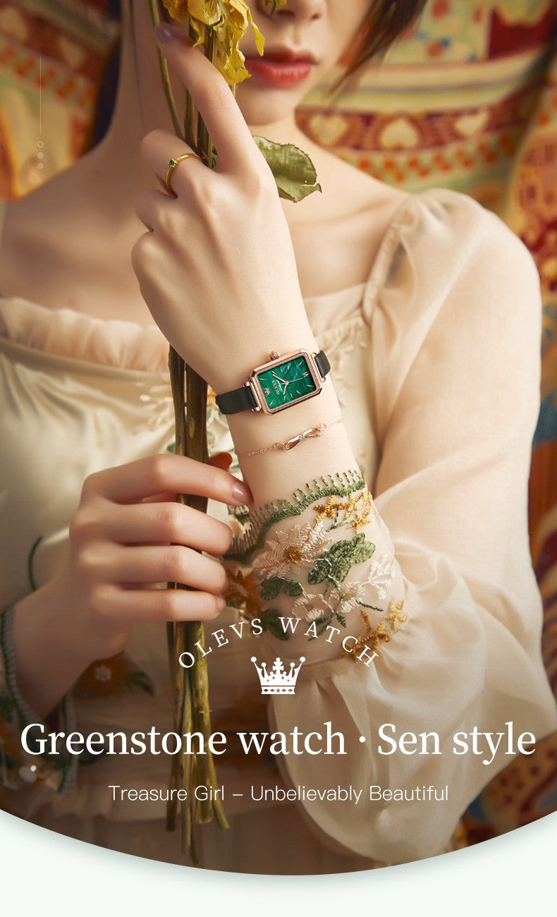 OLEVS 6624 Original Women Watch Luxury Top Green Square Waterproof Clock Fashion Elegant Brand Women Quartz Watch Reloj Mujer