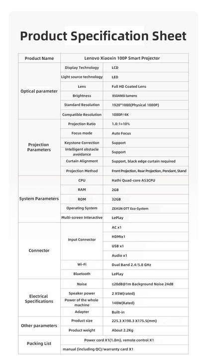 Original Lenovo Xiaoxin 100P Projector 1140 ANSI Auto Focus Wifi6 Smart Home Theater 360 PTZ Support 4K HD Portable Projector