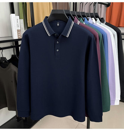 100% pure cotton high-quality long sleeve polo shirt men's autumn new style comfort casual luxury double striped lapel T-shirt