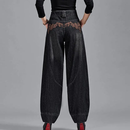Autumn Winter High Waisted Women Jeans Casual Loose Embroidery Bloomers Trousers Female Fashion Wide Leg Denim Pants Blue