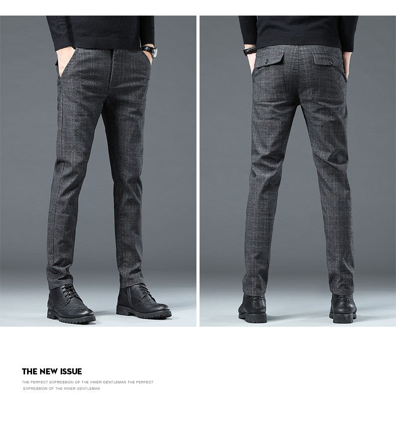 Autumn Winter New Fleece Thickened Casual Pants Men Business Straight Slim Plaid Pants Black Gray Men's Warm Trousers