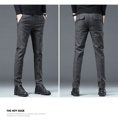 Autumn Winter New Fleece Thickened Casual Pants Men Business Straight Slim Plaid Pants Black Gray Men's Warm Trousers