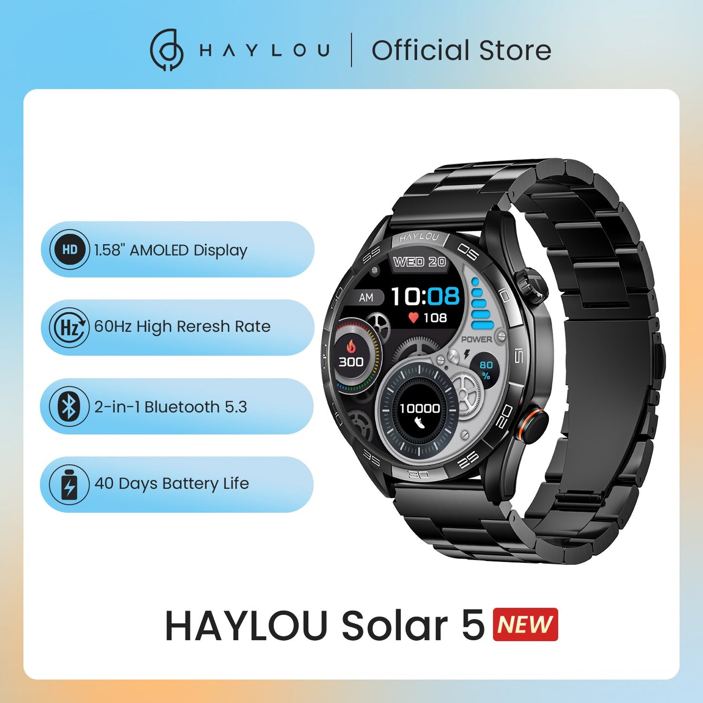 Smartwatch HAYLOU Solar 5 com Chamada de Voz, Tela AMOLED de 1,58'', 60Hz, Monitoramento de Saúde 24 Horas, Smartwatch Esportivo para Homens
