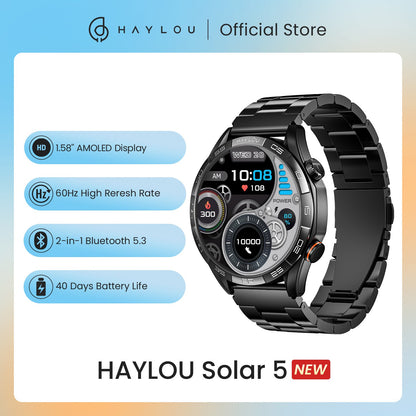 Smartwatch HAYLOU Solar 5 com Chamada de Voz, Tela AMOLED de 1,58'', 60Hz, Monitoramento de Saúde 24 Horas, Smartwatch Esportivo para Homens