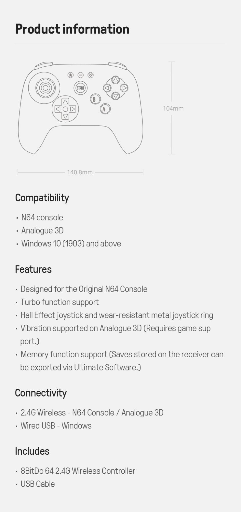 8BitDo 64 2.4G Wireless Controller for Original N64 / Analogue 3D / Windows PC, Retro Gamepad Low Latency (Grey)