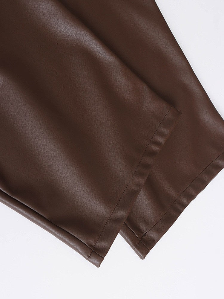 High Elastic Waist Coffee Pu Leather Long Wide Leg Pants New Trousers Women Fashion Tide Spring Autumn